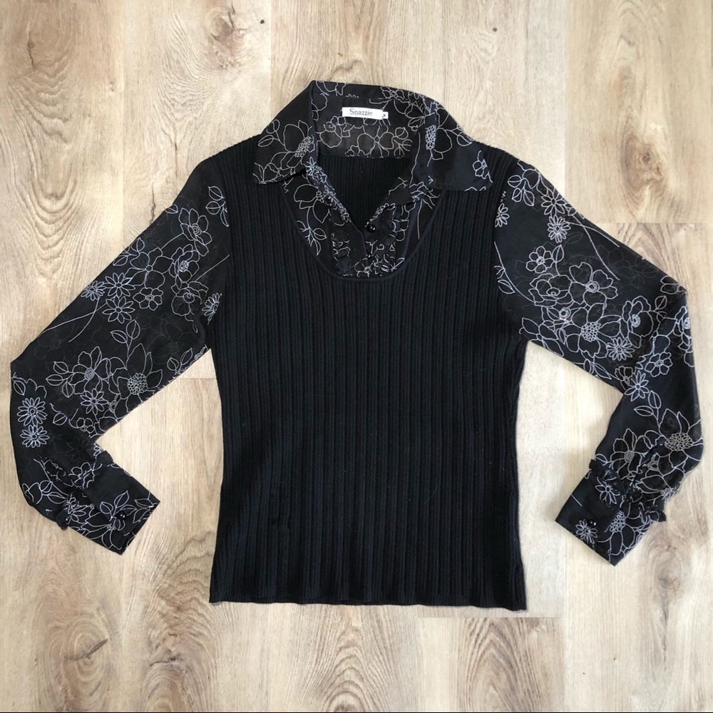 VINTAGE RIBBED SWEATER WITH SHEER COLLAR & SLEEVES